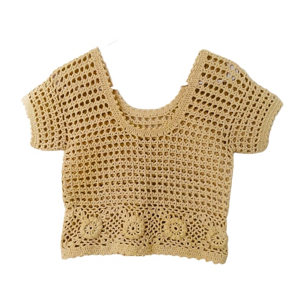 Vintage Tops - Vntage Crochet Crop Top Floral Boho Short Sleeve S